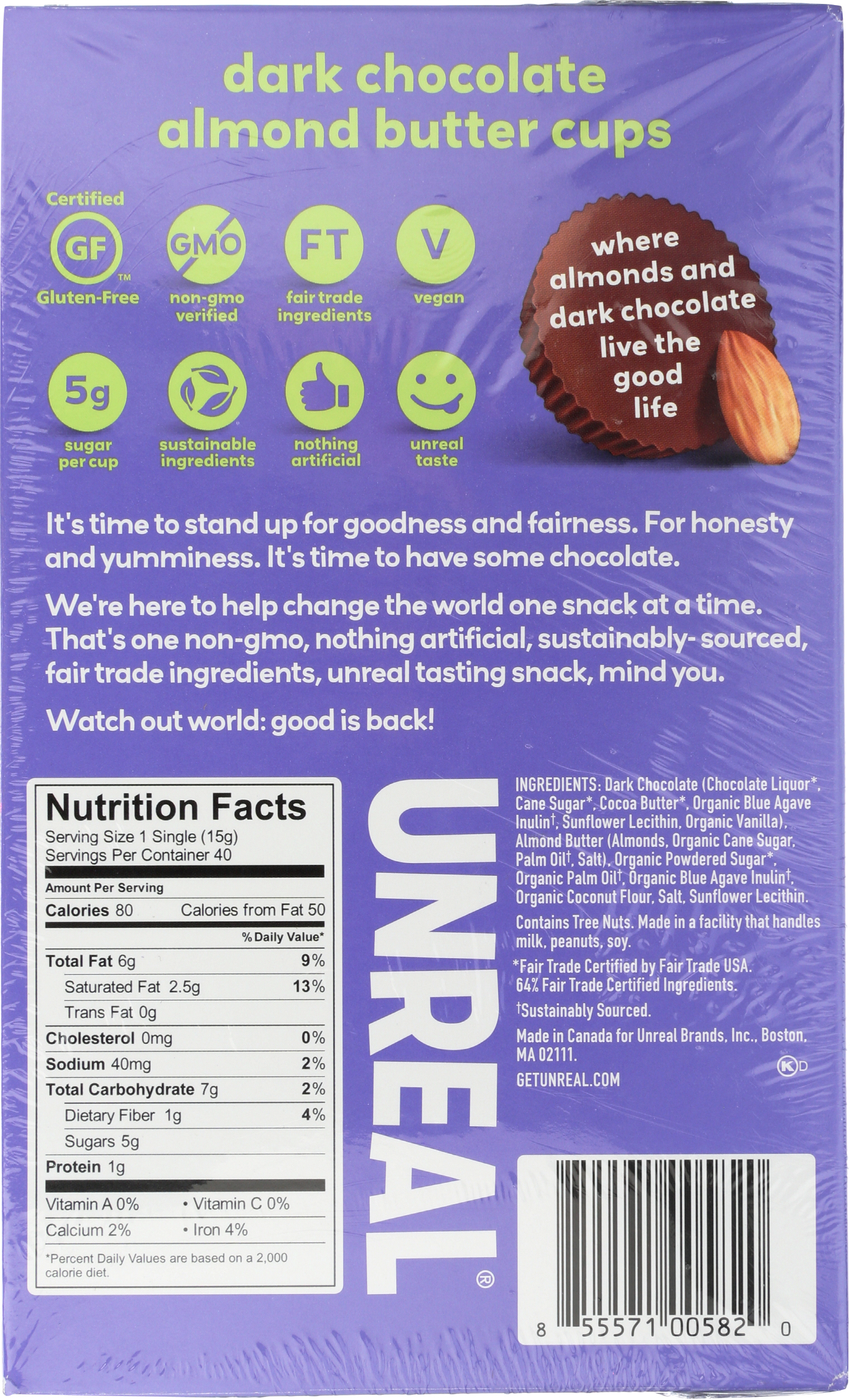 UNREAL - Wholesale Chocolate Covered Sweets - Dark Chocolate Almond Butter Cups Caddy - 40 Cups3