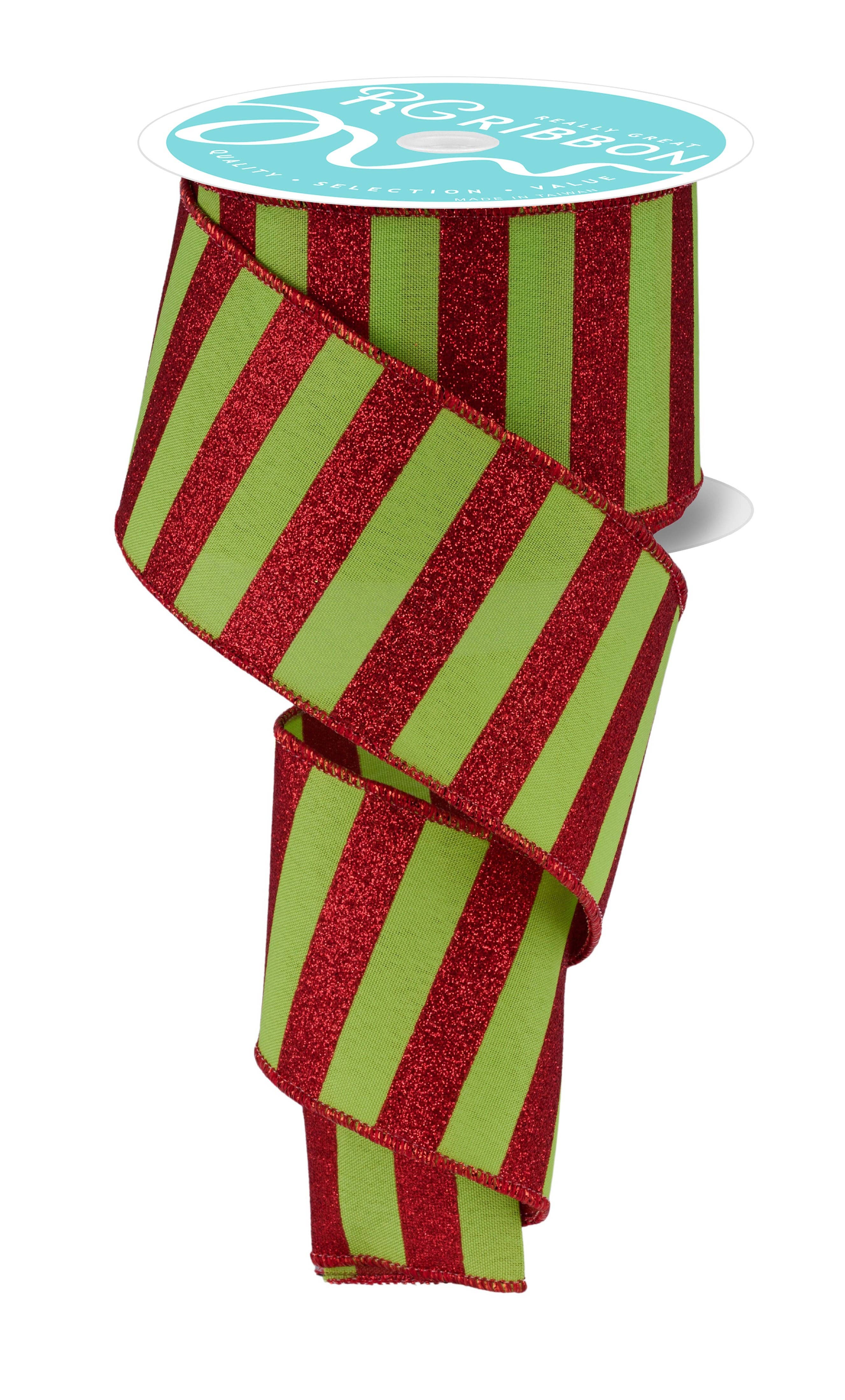 DecoExchange - Wholesale Ribbon - Gift Wrapping - 2.5"X10Yd Horizontal Glitter Stripes Lime Green/Red RGF1967W1