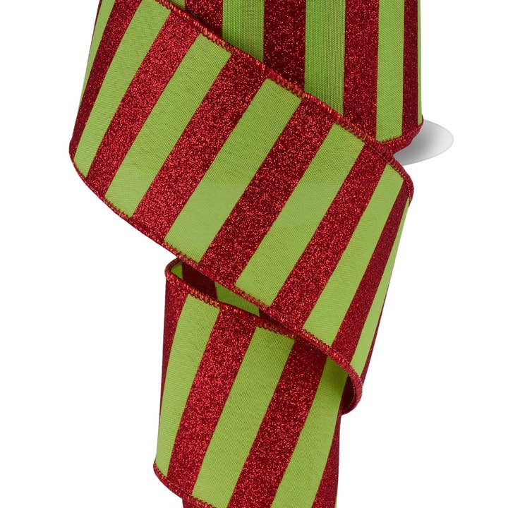 DecoExchange - Wholesale Ribbon - Gift Wrapping - 2.5"X10Yd Horizontal Glitter Stripes Lime Green/Red RGF1967W10
