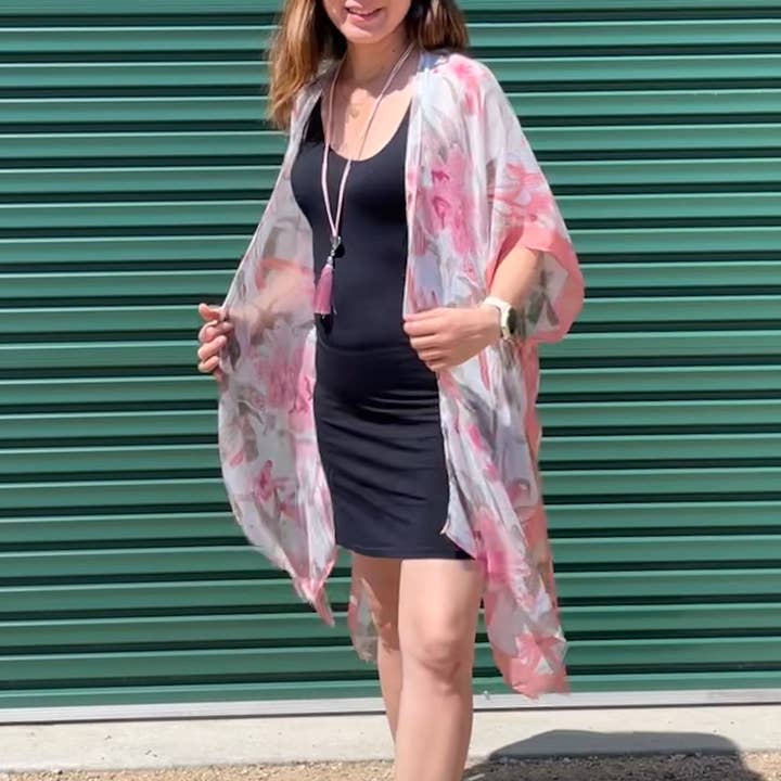 THSK1062: White: Floral Print Kimono for wholesale by Taylor Hill Scarves & Co