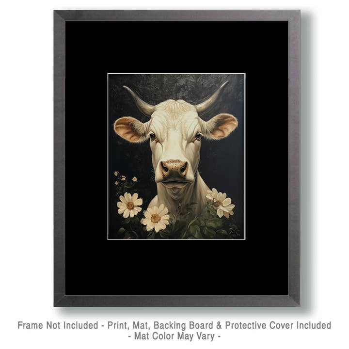 Mowbi - Wholesale Art Print - White Bull Portrait - Animal Still Life Wall Art Prints – 8″x10″ Artwork for 11″x14″ Frame