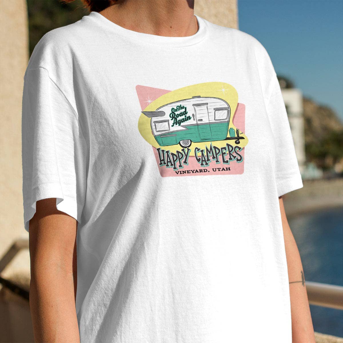 RetroPlanet - Wholesale Screen Printed T-Shirt - Unisex - Happy Campers T-Shirt Name Drop Adult Unisex S-2X5