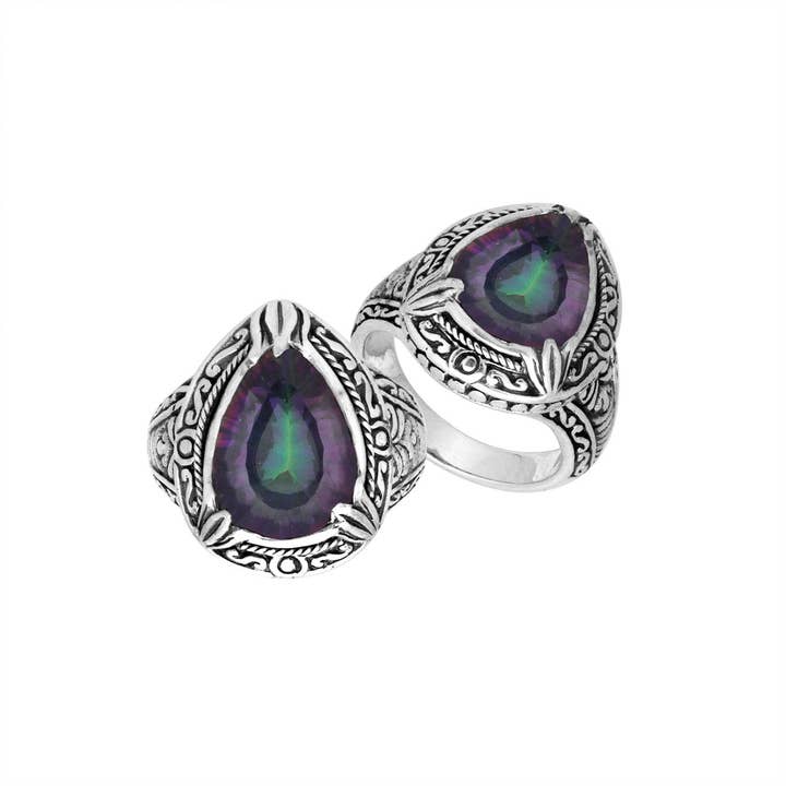 Anel de Prata Esterlina AR-8026-MT com Quartzo Místico e Design Gravado Balinês por atacado de Bali Designs