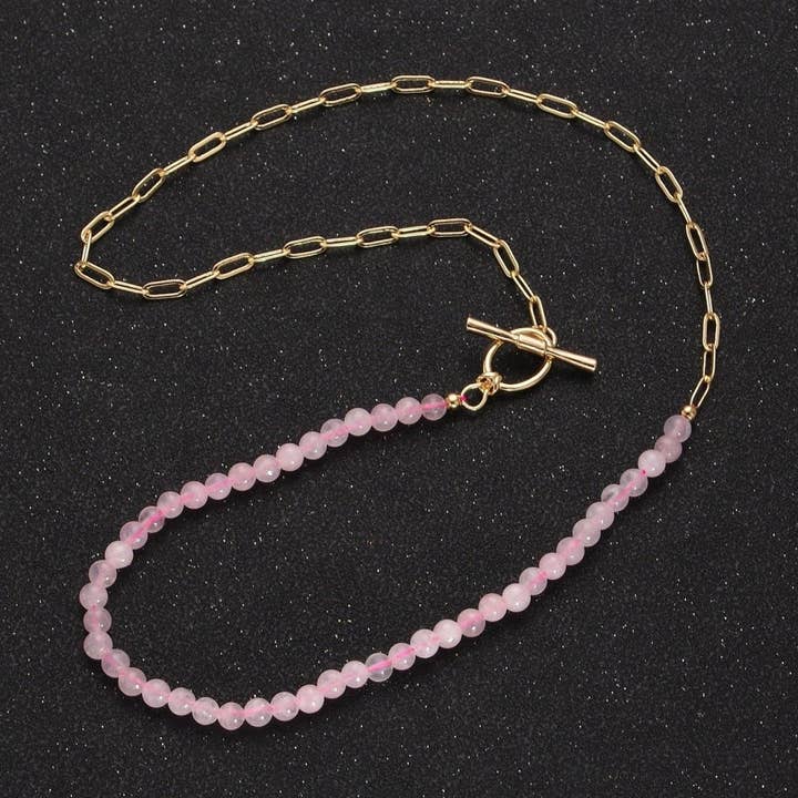 Colar Delicado com Meia Conta e Meia Corrente de Elos, Corrente de Elos de Papel Banhada a Ouro 24k com Colar de Quartzo Rosa com Fechos de Alternância Oval | Preço de Liquidação WA-1019 por atacado de Aim Eternal