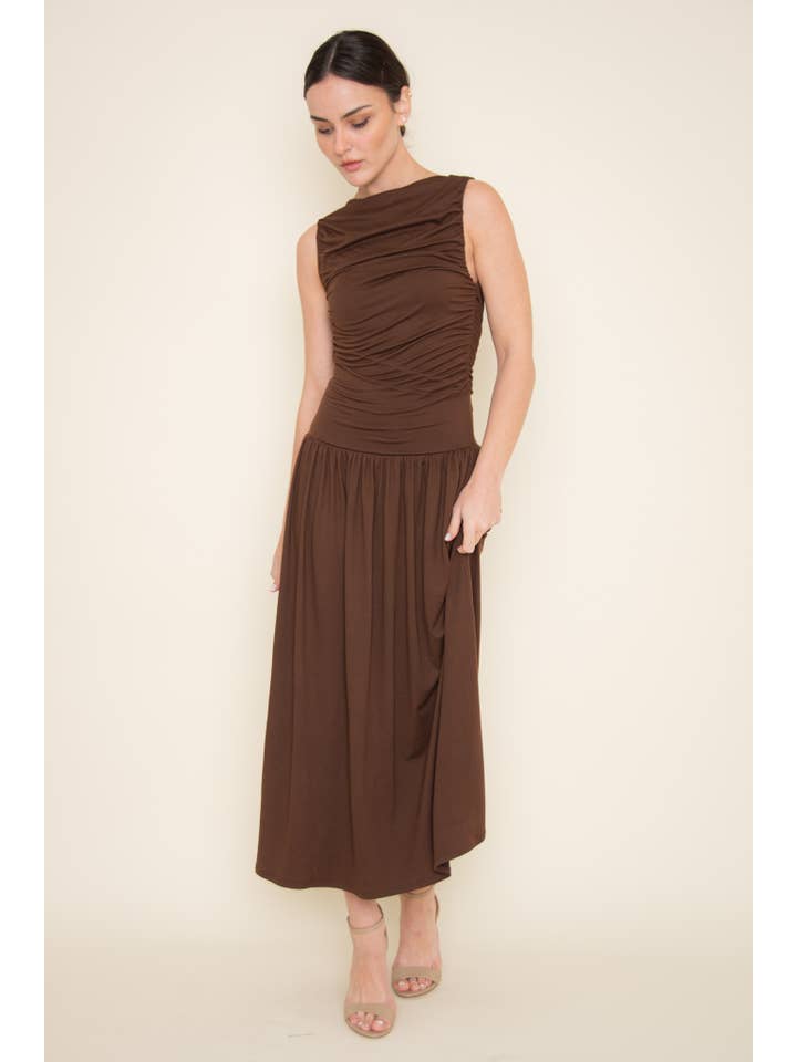 Brown ÄRMELLOSES MAXIKLEID AUS JERSEY-MODAL MIT RAFFUNGEN - DD10171FO für den Großhandel auf Faire2