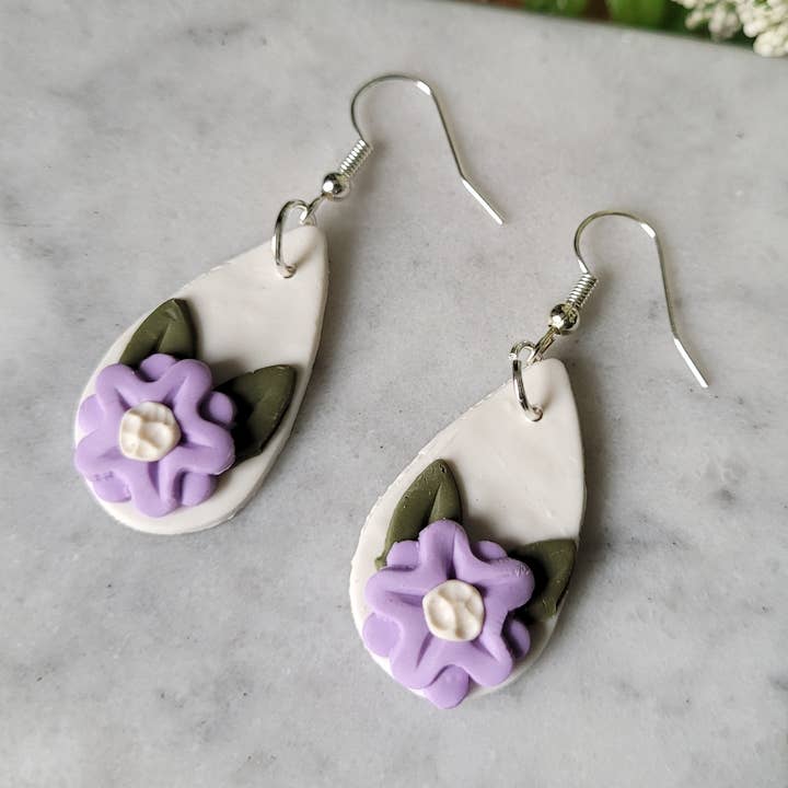 Flower Teardrop Earrings in Purple for wholesale by Simply Handmade Home