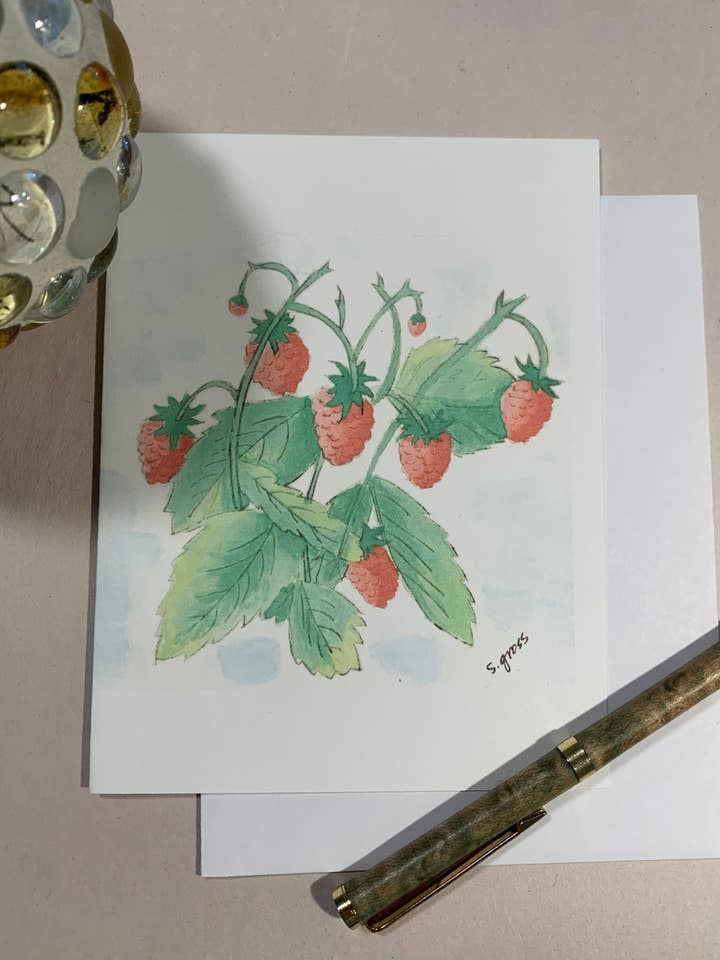 Carte de correspondance vierge à thème alimentaire de jardin "Framboises" pour la vente par Sue Gross Design Studio
