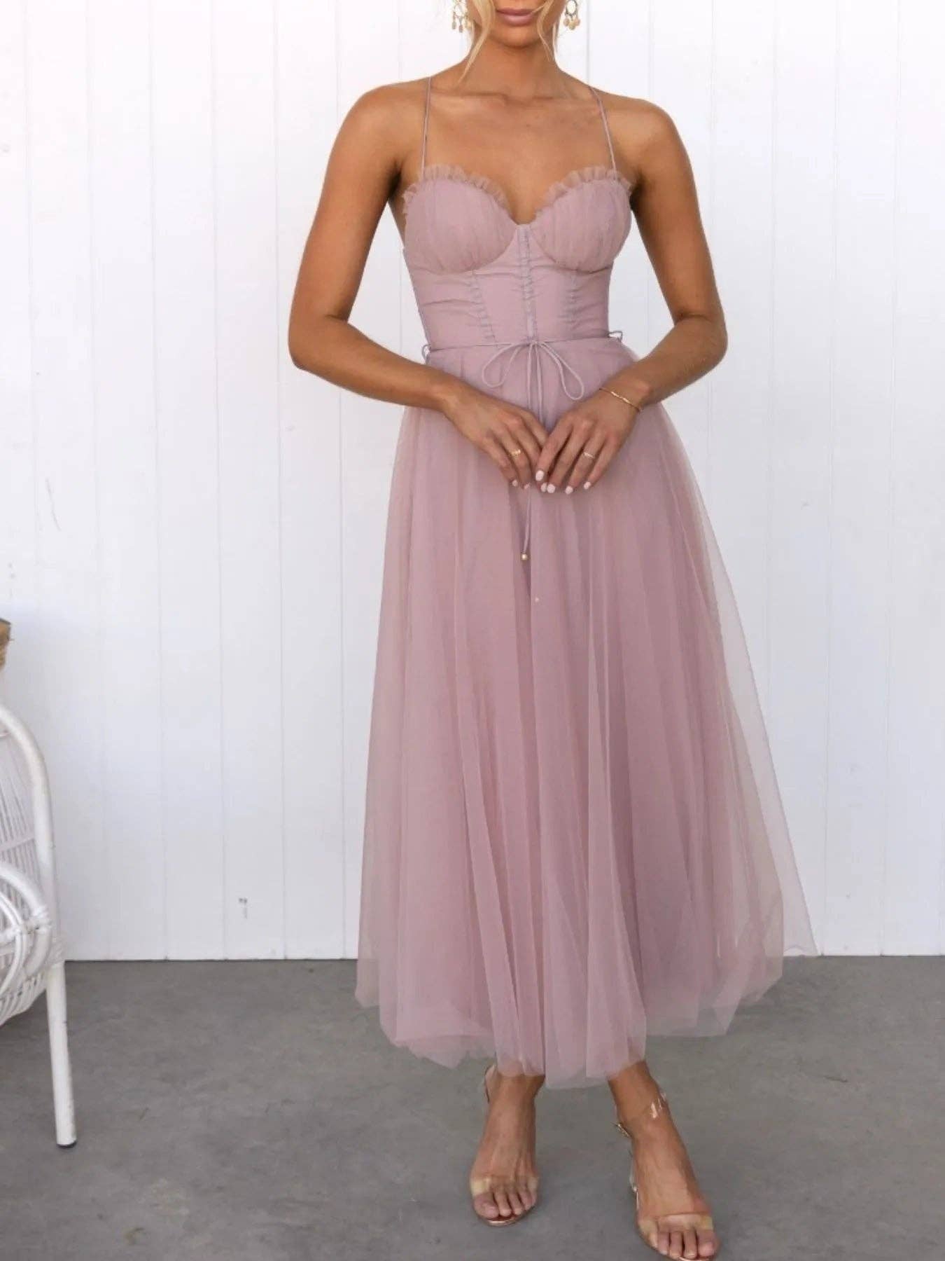 React Activewear - Wholesale Dress - Women's - Sweetheart Neck Tulle Midi Dress14