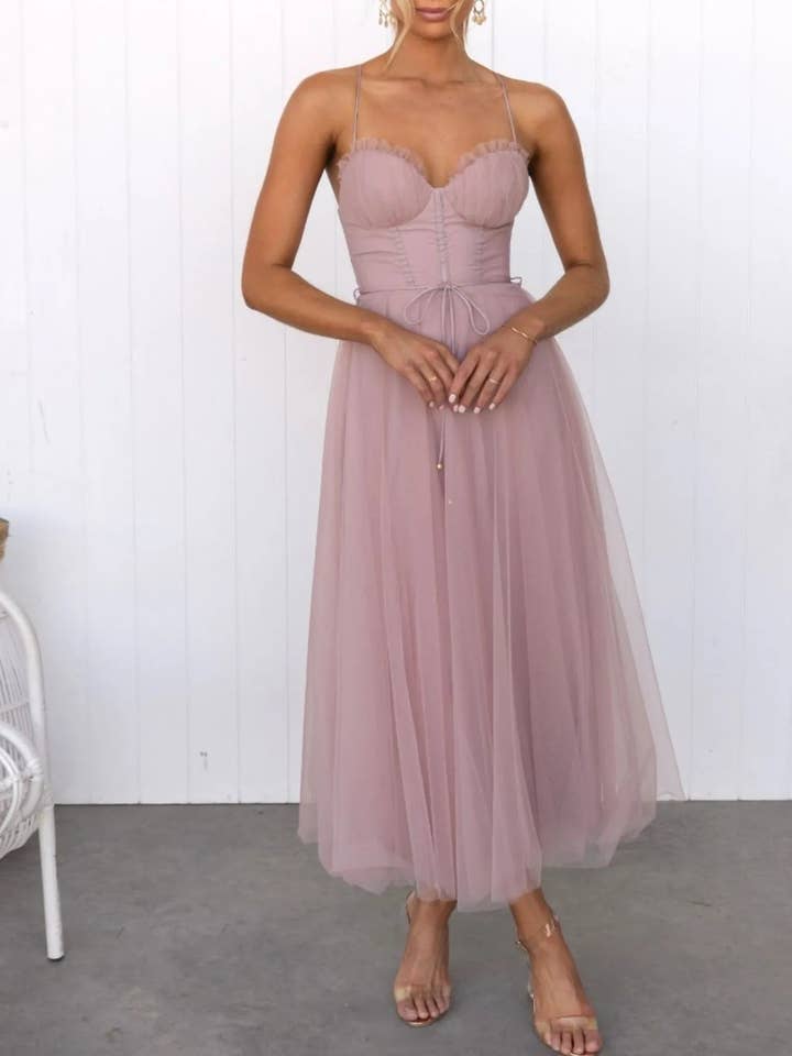 React Activewear - Wholesale Dress - Women's - Sweetheart Neck Tulle Midi Dress14