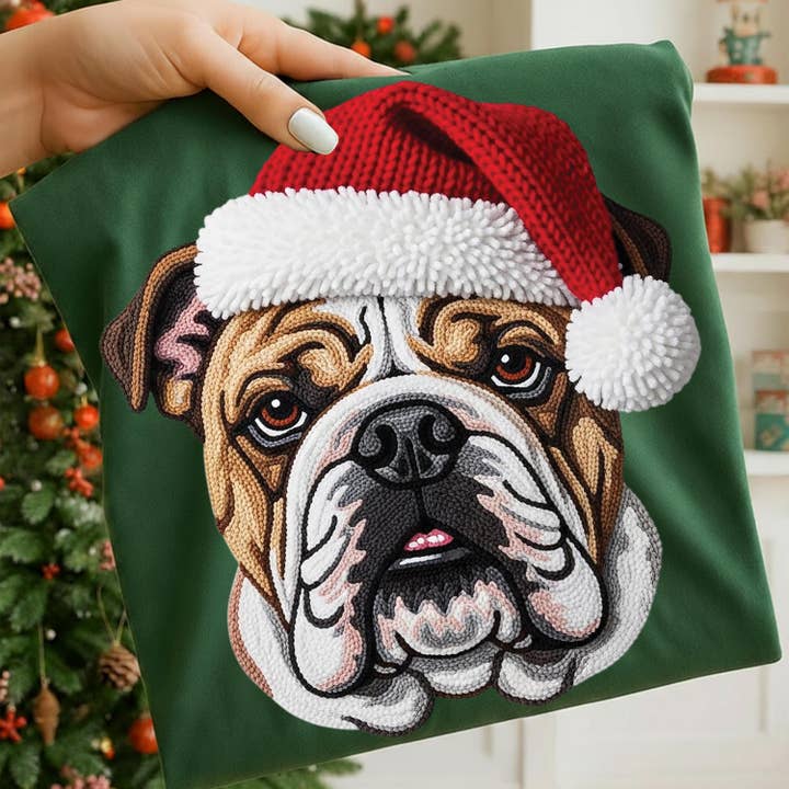 NVC Ecommerce LLC - Wholesale T-Shirt (Graphic) - Women's - Faux Yarn Crochet Bulldog Christmas Shirt, Cozy Dog Sweater1