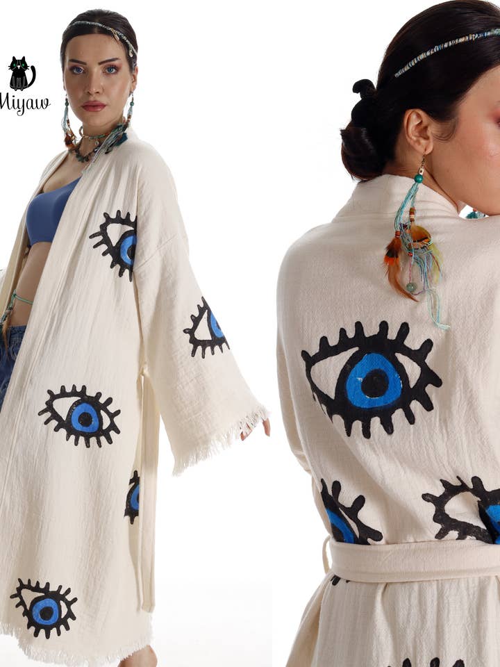 Pure & Chic, LLC - Miyawfashion - Wholesale Kimono - Women's - Evil Eye Organic Cotton Beach Kimono: Handmade Robe for Eco