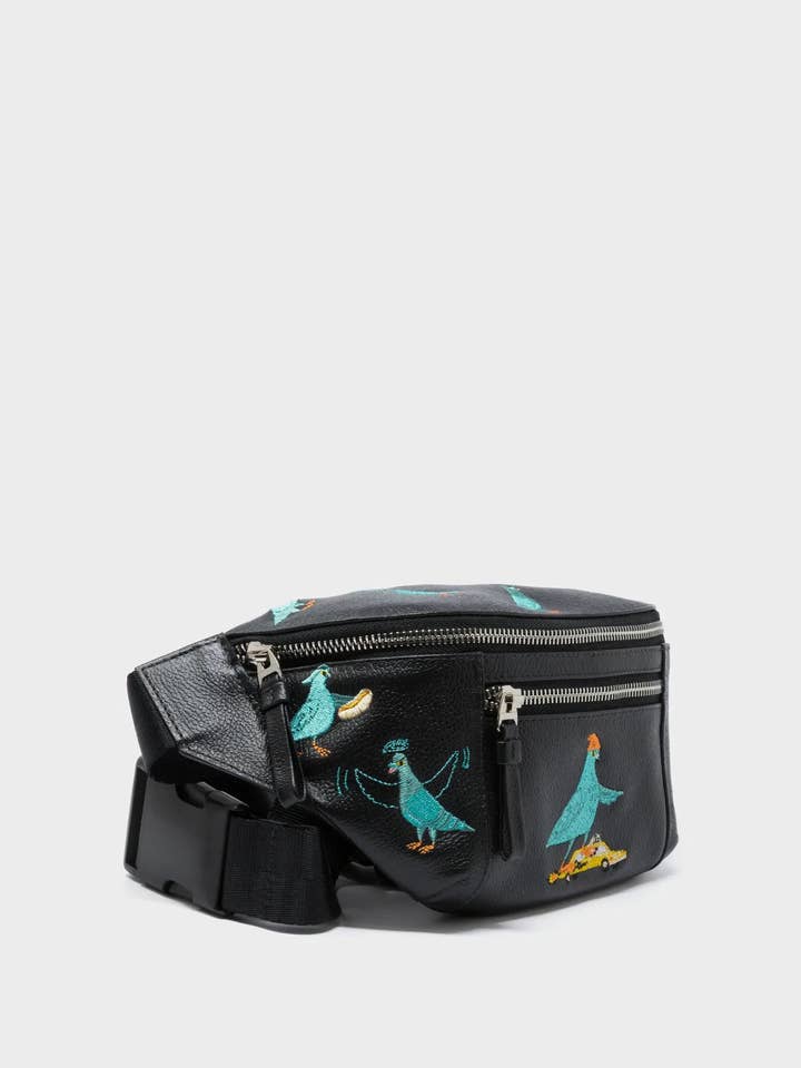 Harold Bolsa de Cintura em Pele Preta - Bordado Pigeonista por atacado de Min & Mon