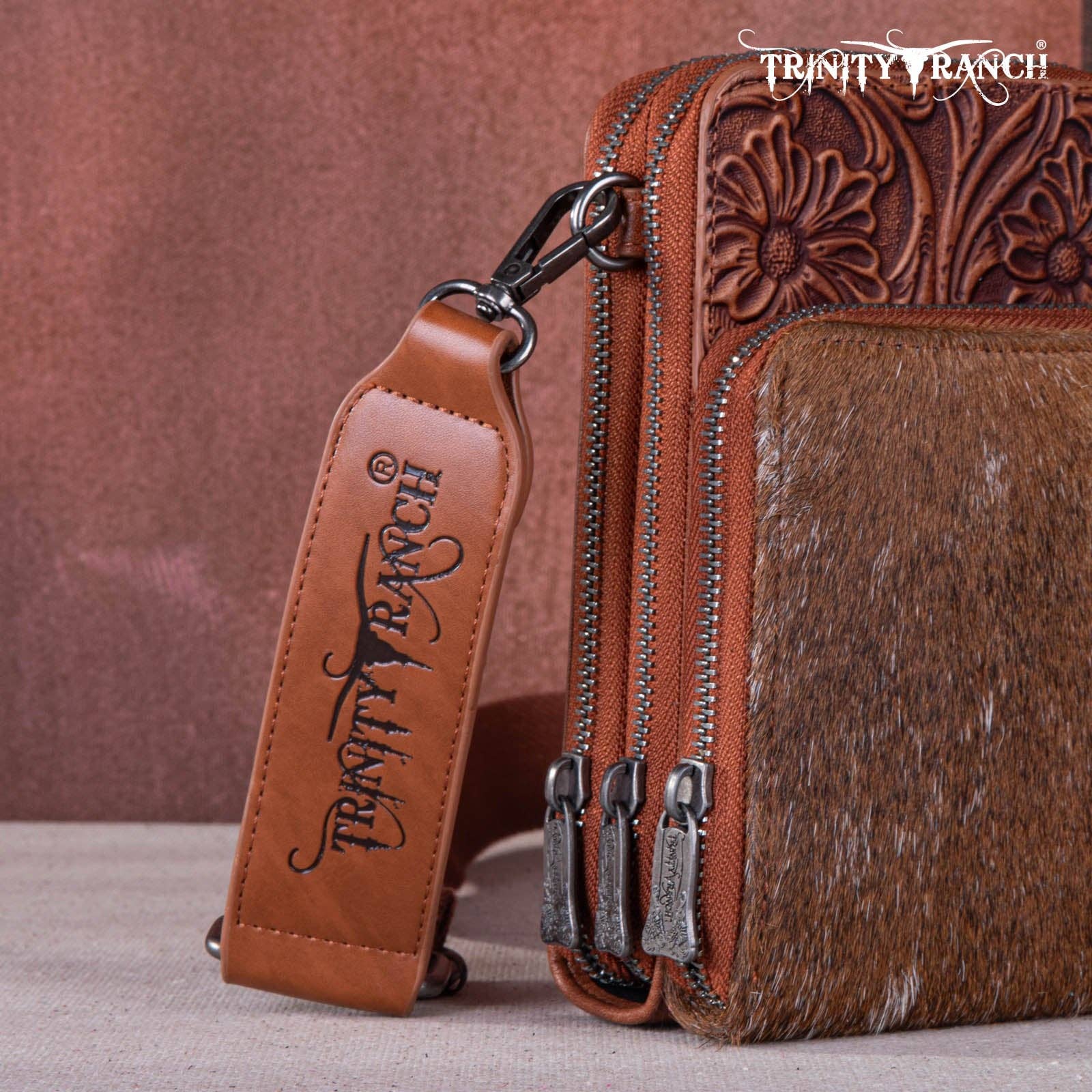 REMOVED BRAND - Wholesale Crossbody Bag - Women's - TR159 -183  Trinity Ranch Genuine Hair-On Cowhide /Tooled  Collection Phone Purse with Coin Pouch20