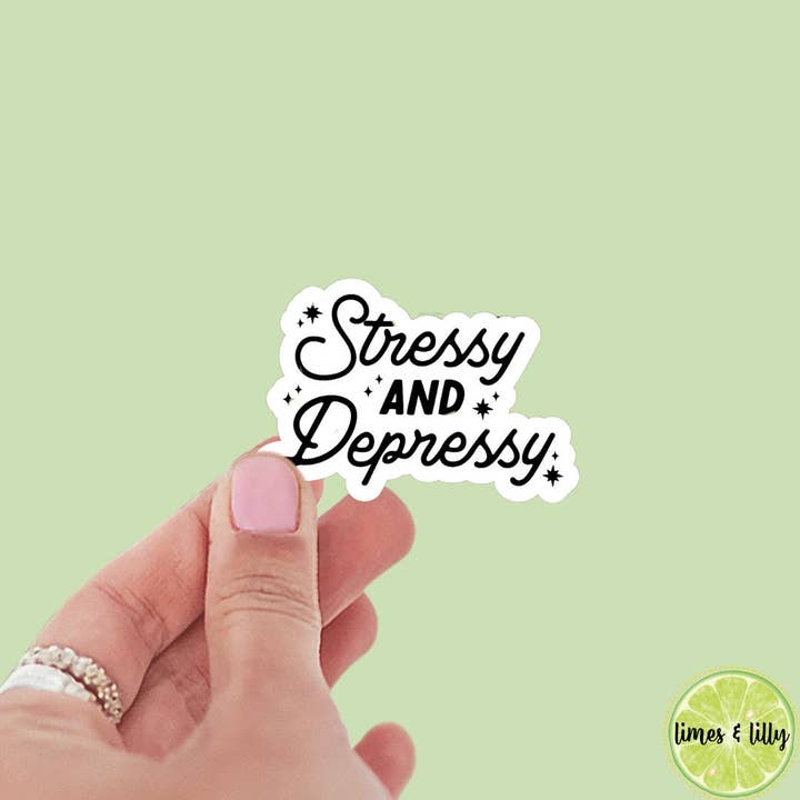Stressy en Depressy Vinyl Sticker, Schattige Stickers, Trendy Populaire Decal, Waterfles Sticker, Decal, Kindle Sticker, Mentale Gezondheid voor wholesale door Limes & Lilly