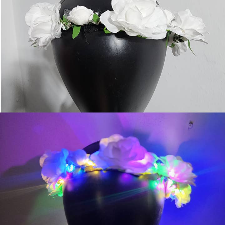 White Flower Crown Headband Multi-Color LED Light-Up Wreath for wholesale by Freebird Revolution