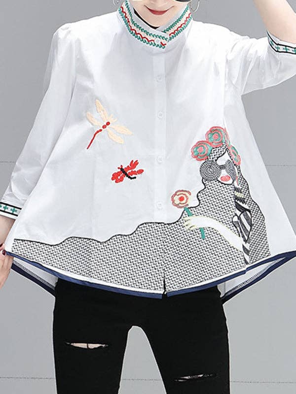 BIANCO Camicette e camicie larghe con colletto alla coreana con figura ricamata plus size in vendita all'ingrosso su Faire