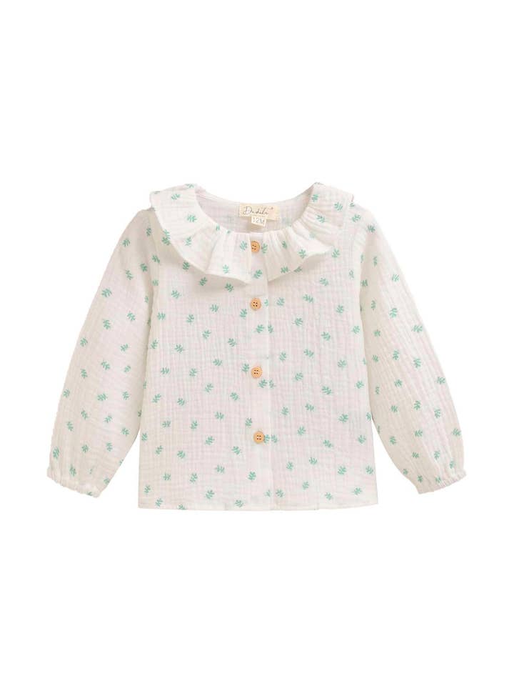 Camicia bianca per bambina con stampa di fiori verdi per la vendita all'ingrosso da parte di Dadati