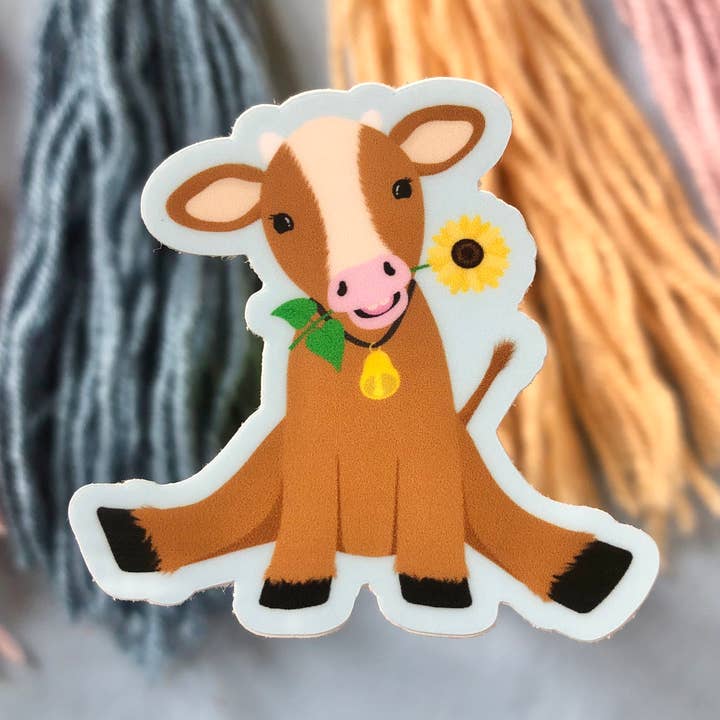 Adesivo in vinile lavabile in lavastoviglie, motivo mucca con girasole, 5,1 cm per la vendita all'ingrosso da parte di Earth Curious Art Co