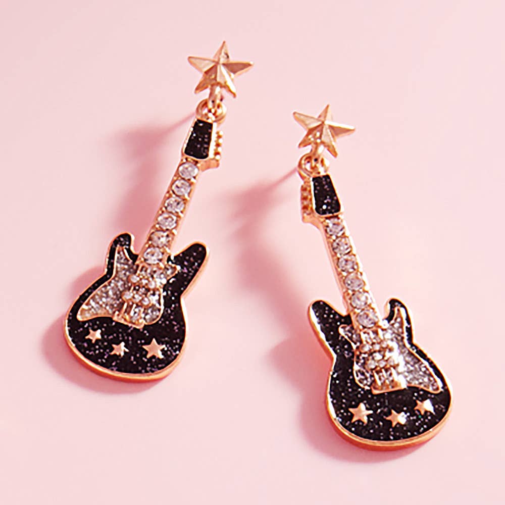 Sensibling Corp. - Wholesale Dangle Earrings - Stone Embellished Glittered Enamel Guitar Dangle Earrings
0