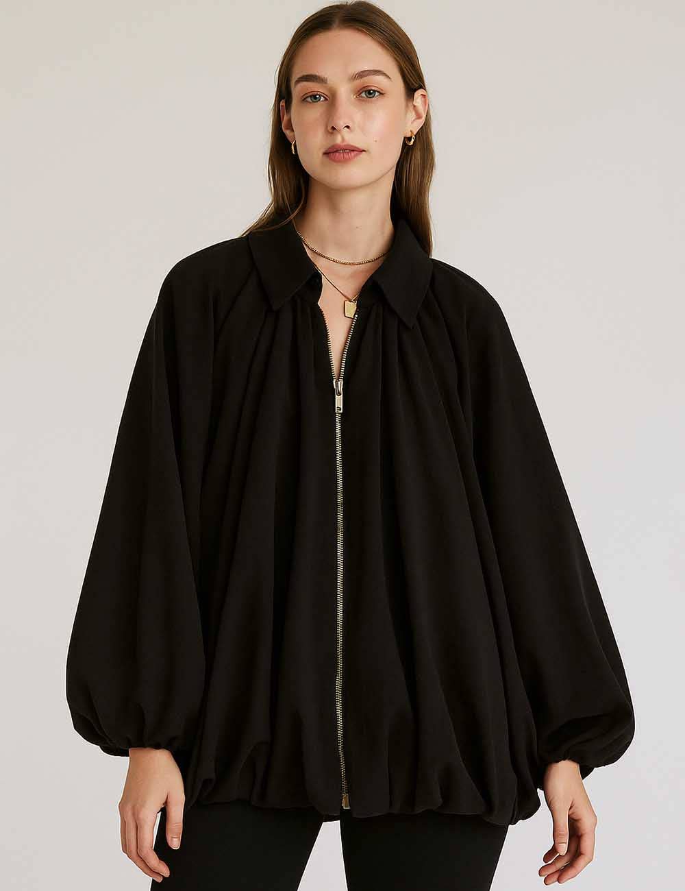 Sweetkama - Wholesale Jacket - Women's - Ladies Balloon Hem Bomber Jacket Zip Up Long Sleeves Coat7