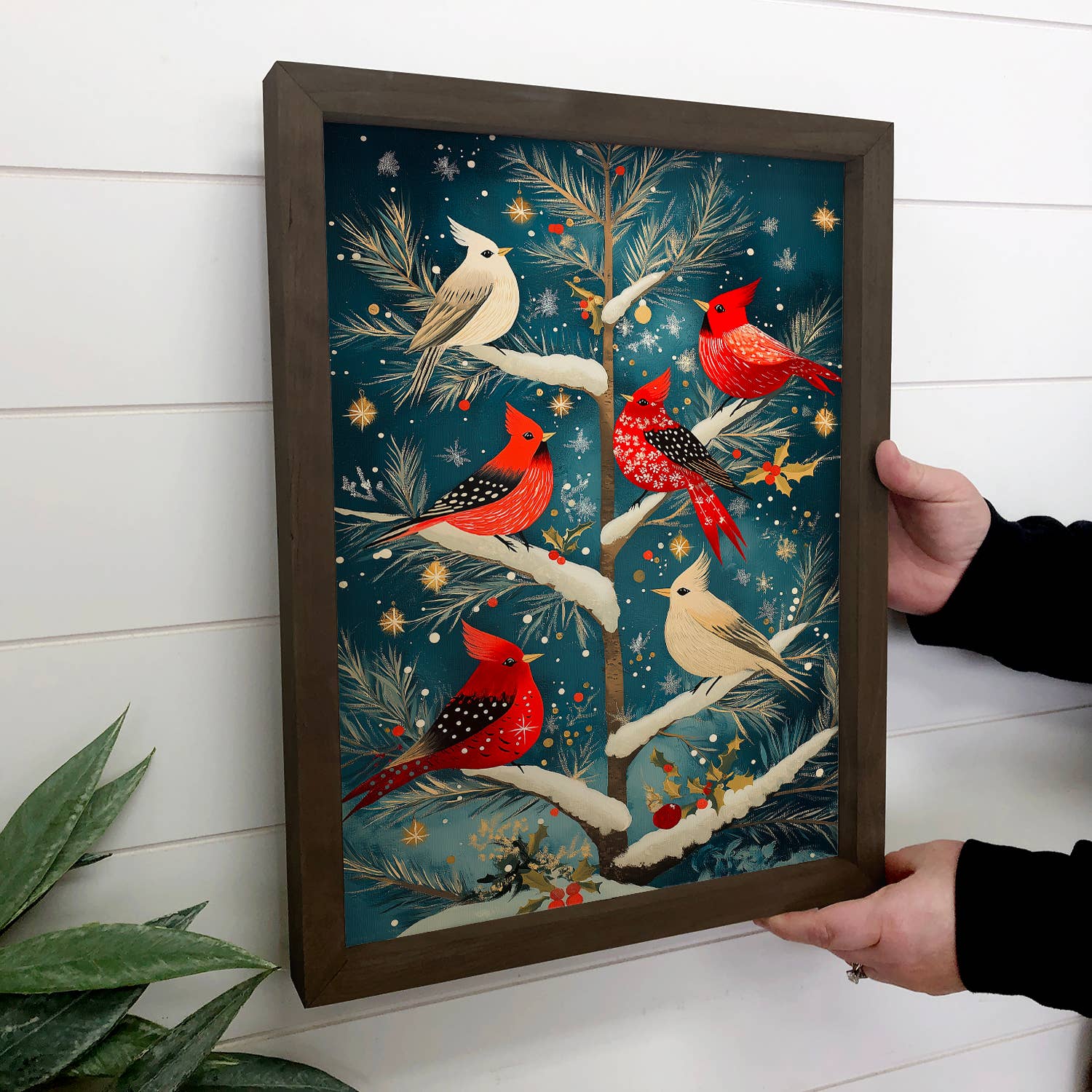 Hangout Home - Wholesale Art Print - Cardinals in Tree - Winter Birds Painting - Wood Framed Art1