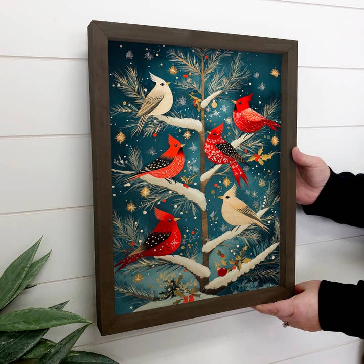 Hangout Home - Wholesale Art Print - Cardinals in Tree - Winter Birds Painting - Wood Framed Art1