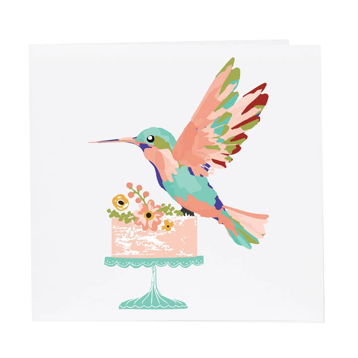 Aqua Hummingbird on Cake Enclosure for wholesale by Potluck Press