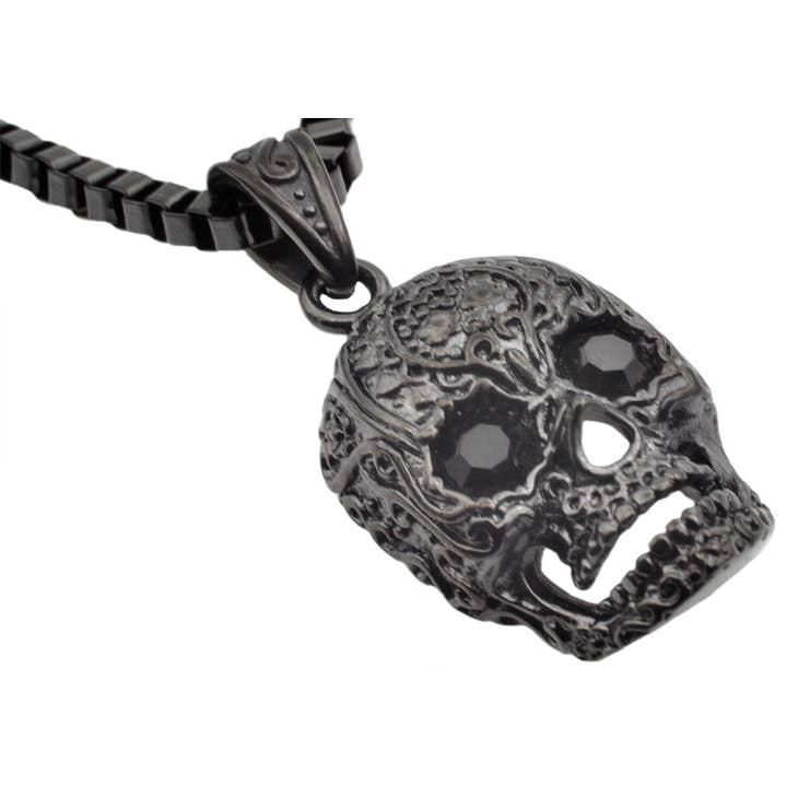Men's Black Stainless Steel Skull Pendant With Black Cubic Z for wholesale by Blackjack Mens Jewelry