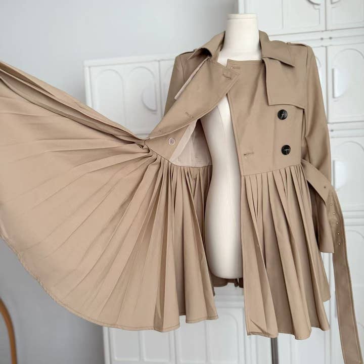 Khaki DR898Y Autumn Pleated Dress with Waist Tie for Women for wholesale on Faire8