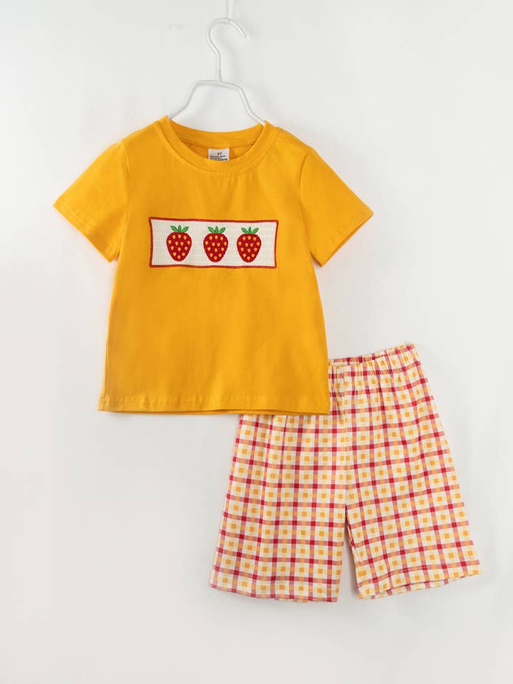 littleoneusa - Wholesale Top & Short Set - Kids - 2025 Yellow Plaid Strawberry Boy Short Set