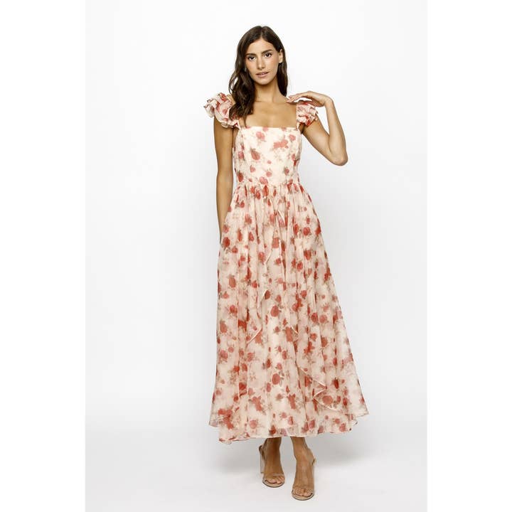 BLUSH RED FL JD6357-1- PINK FLORAL ASSYMETRIC MAXI DRESS for wholesale on Faire