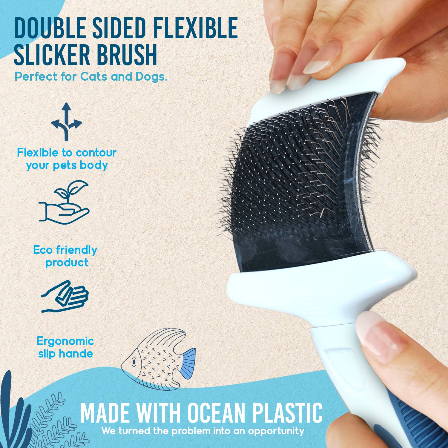 Precious Tails - Wholesale Pet Brush - Cat/Dog - Ocean Plastic by PT Double-Sided Flexible Slicker Brush 9