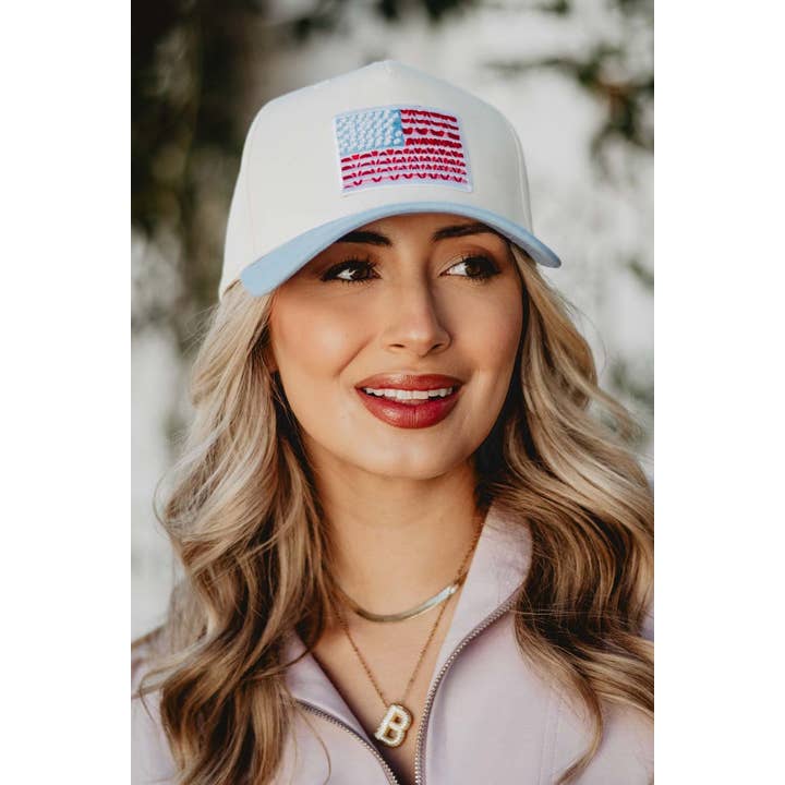 Light Blue and Tan American Flag Two-Toned Fitted Hat for wholesale on Faire