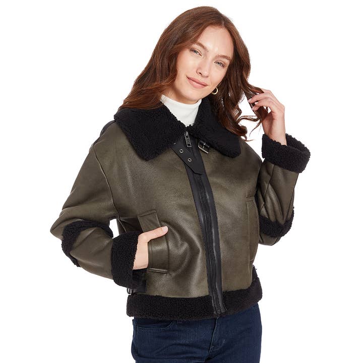 Olive Faux Shearling Bomber Jacket with Zipper and Spread Collar for wholesale on Faire
