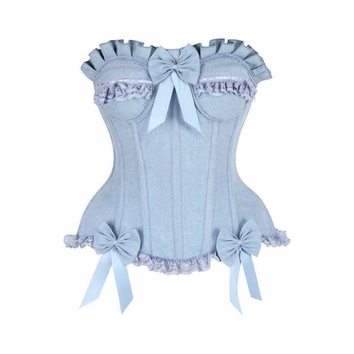 Top Drawer Light Blue Denim Underwire Steel Boned Burlesque Corset w/Bows for wholesale by Daisy Corsets