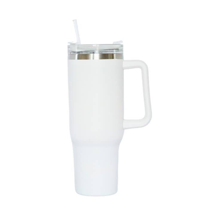 Gobelet en acier inoxydable de 40 oz avec poignée et paille - blanc pour la vente par Creative Gifts International Inc.