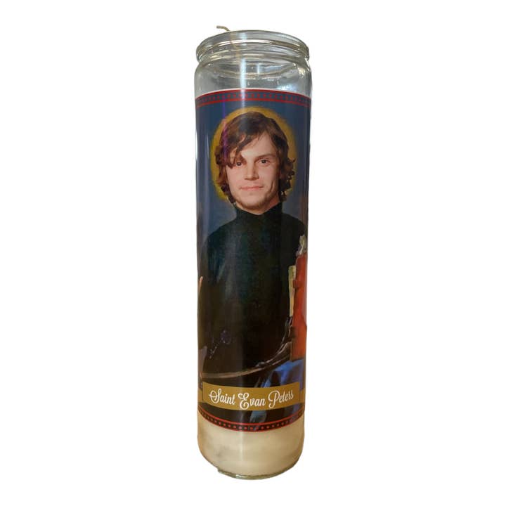Evan Peters Devotional Prayer Saint Candle for wholesale by The Luminary and Co.