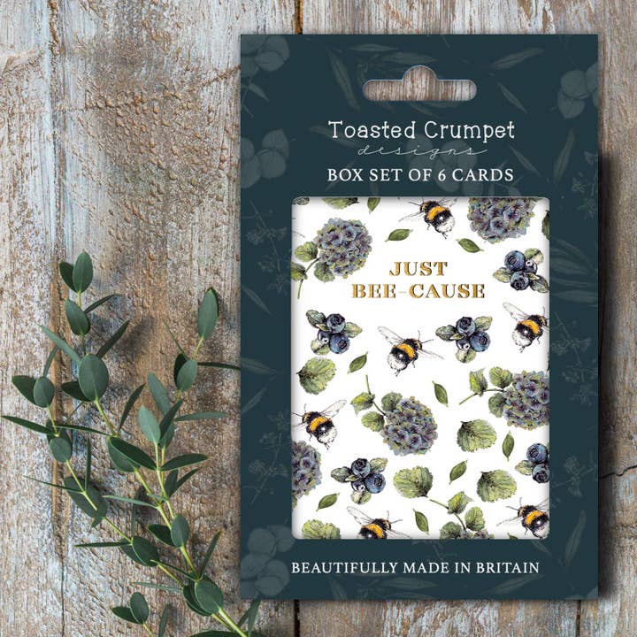 Just Bee-Cause ( Hydrangea & Bee Pure) Set Of 6 Cards for wholesale by Toasted Crumpet (US Duties Paid)