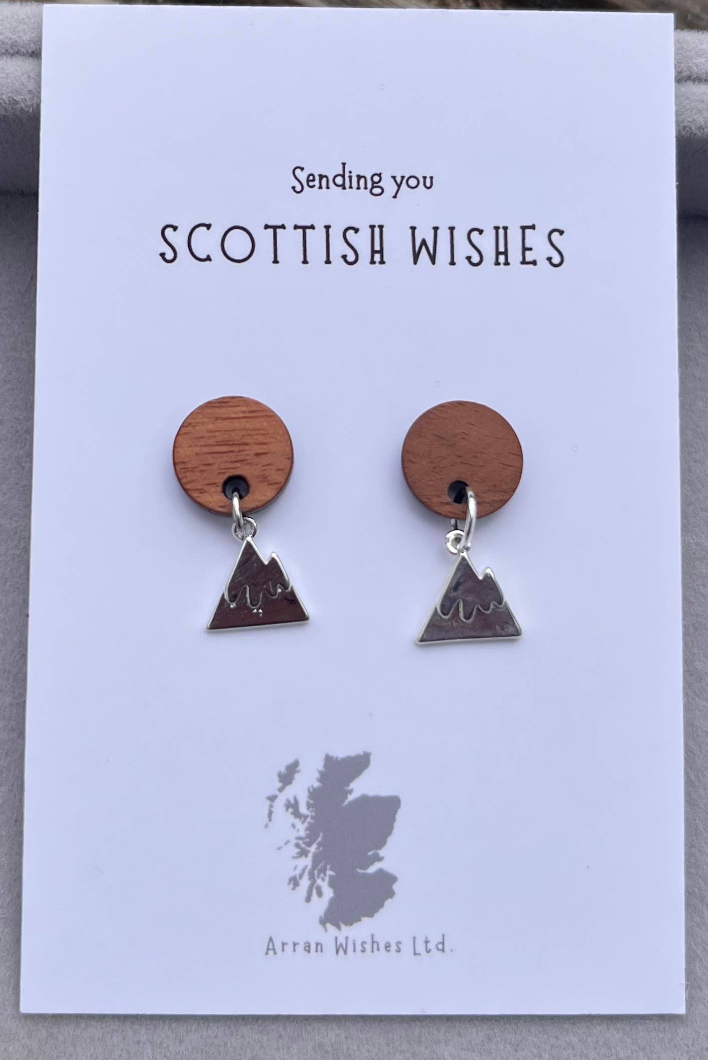 Arran Wishes – wholesale Dangle earrings – Scottish Tiny Mountain Earrings Walnut Wood Studs