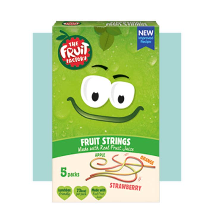 FRUIT FACTORY FRUIT STRINGS (5x20g) - MIXED FRUIT (STRAWBERRY/ORANGE/APPLE) - CASE OF 9 for wholesale by Zertus UK & I