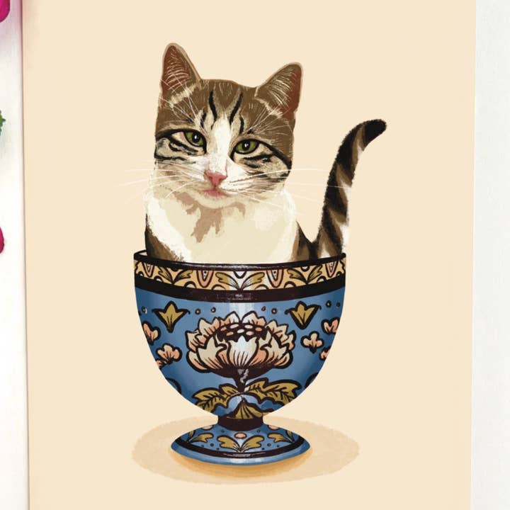 Folk Meadow - Wholesale Art Print - Lotus Teacup Kitty Cat Print - 8x100