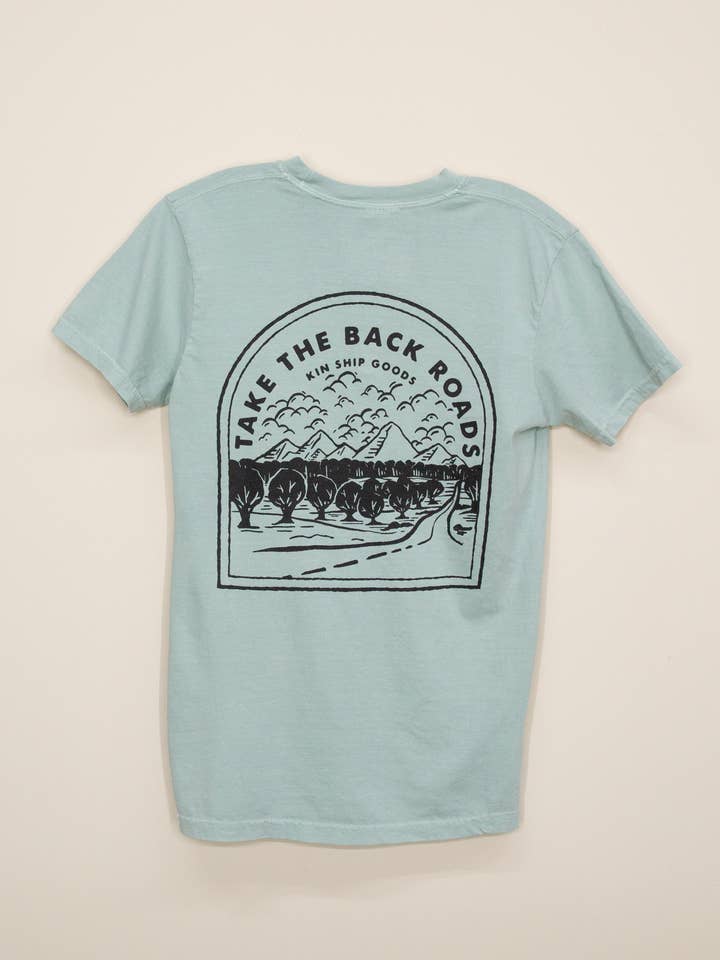 Back Roads Pocket Tee for wholesale by Kin Ship Goods