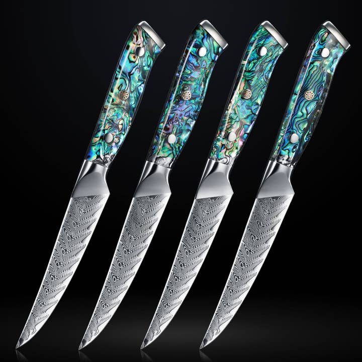 Damascus Steak Knife Set w Abalone Shell Handle, Set of 4 for wholesale by Senken Knives