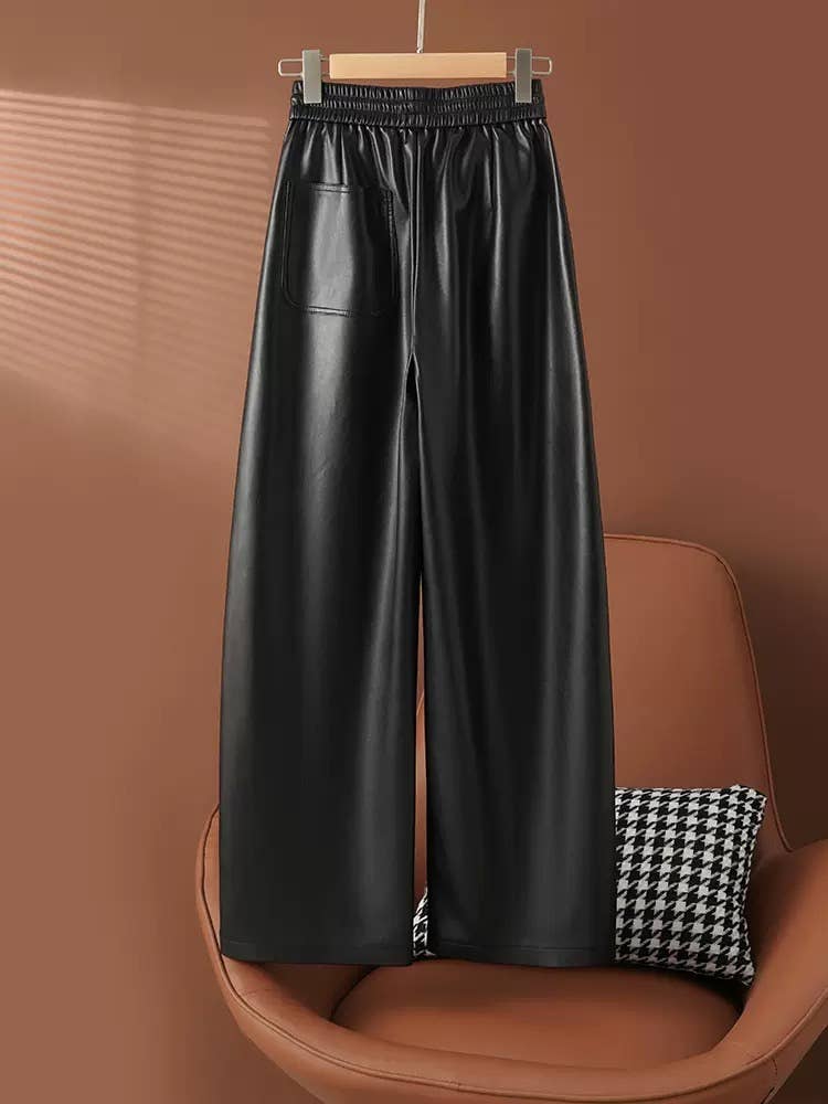 Schwarz PT29Y Herbst High-Waist PU-Leder Weitbein-Hose für Damen für den Großhandel auf Faire0