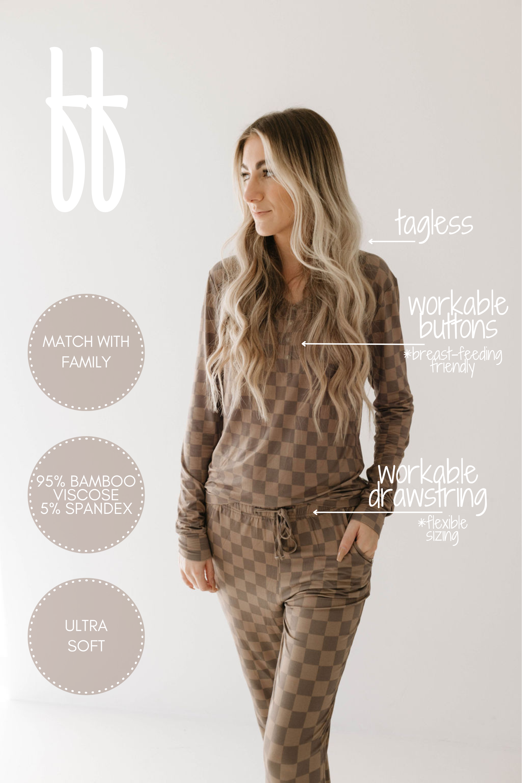 Forever French Baby - Wholesale Sleepwear Set - Women's - Women's Bamboo Pajama | Faded Brown Checkerboard13