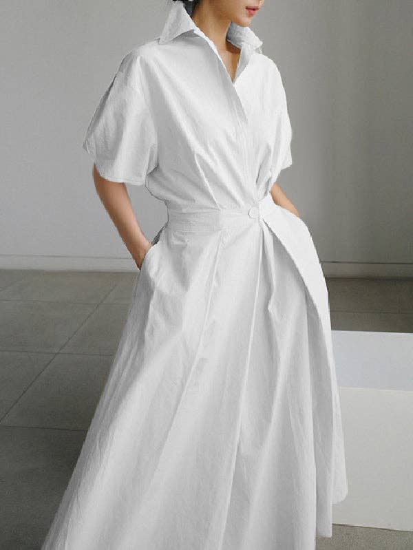 VividLux - Wholesale Dress - Women's - High Waisted Loose Pleated Solid Color V-Neck Midi Dresses1