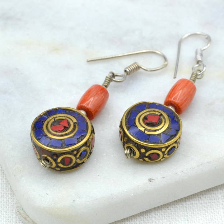 Lapis Lazuli Flat Bead Tibetan Earrings with Coral Bead for wholesale by Didi Bahini Fair Trade