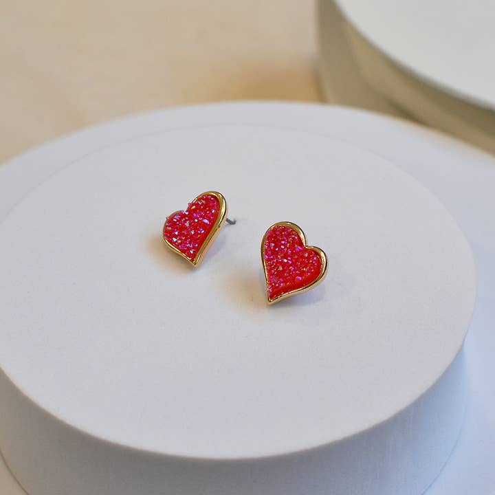 StarryNYC - Wholesale Stud/Post Earrings - Uneven Resin Heart Druzy Button Stud Earrings1