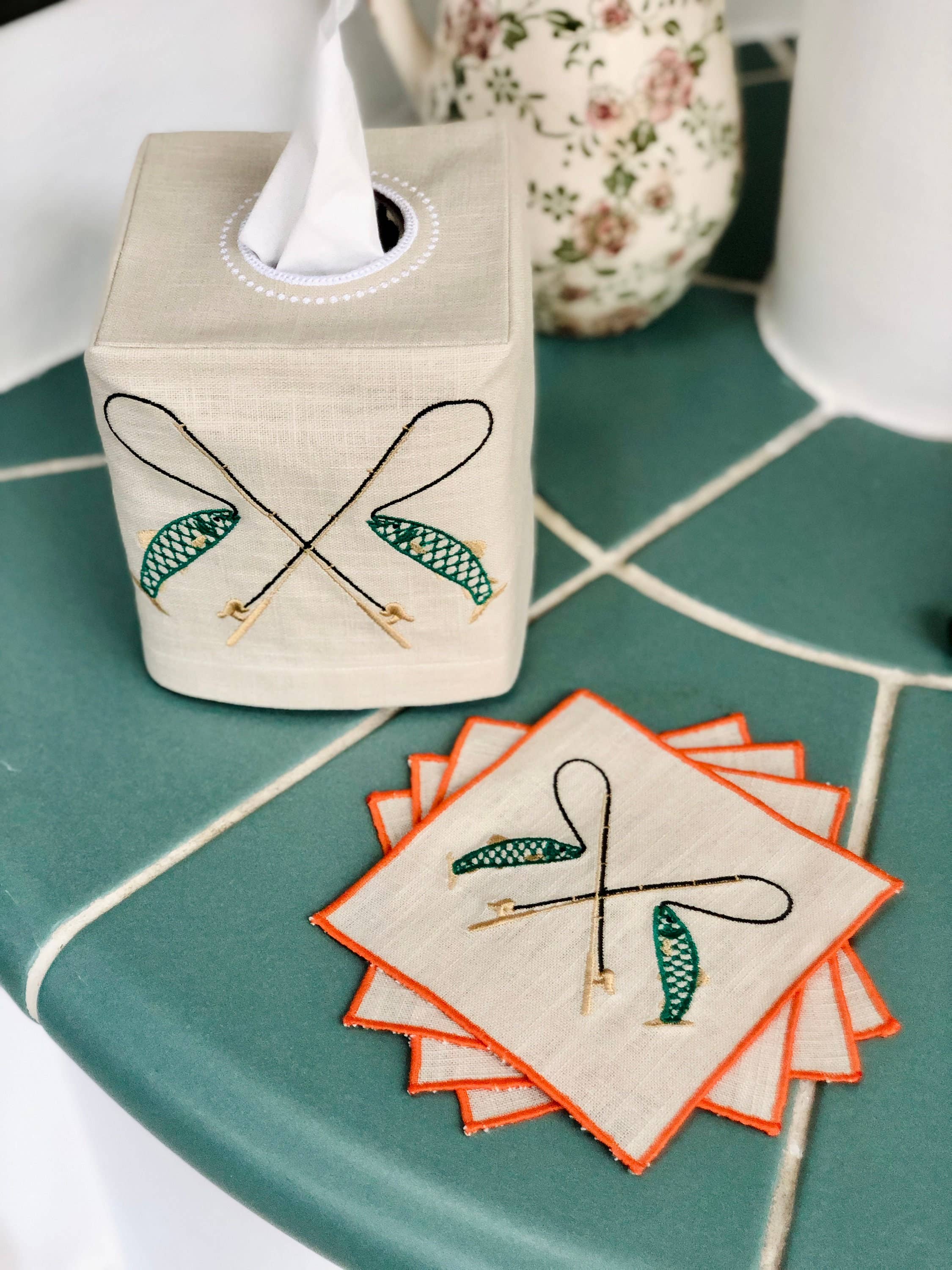 Belle Linen - Vendita all'ingrosso Tovaglioli da tavola in stoffa - Set di 4 o 6 tovaglioli cocktail in lino ricamati con tema pesca4