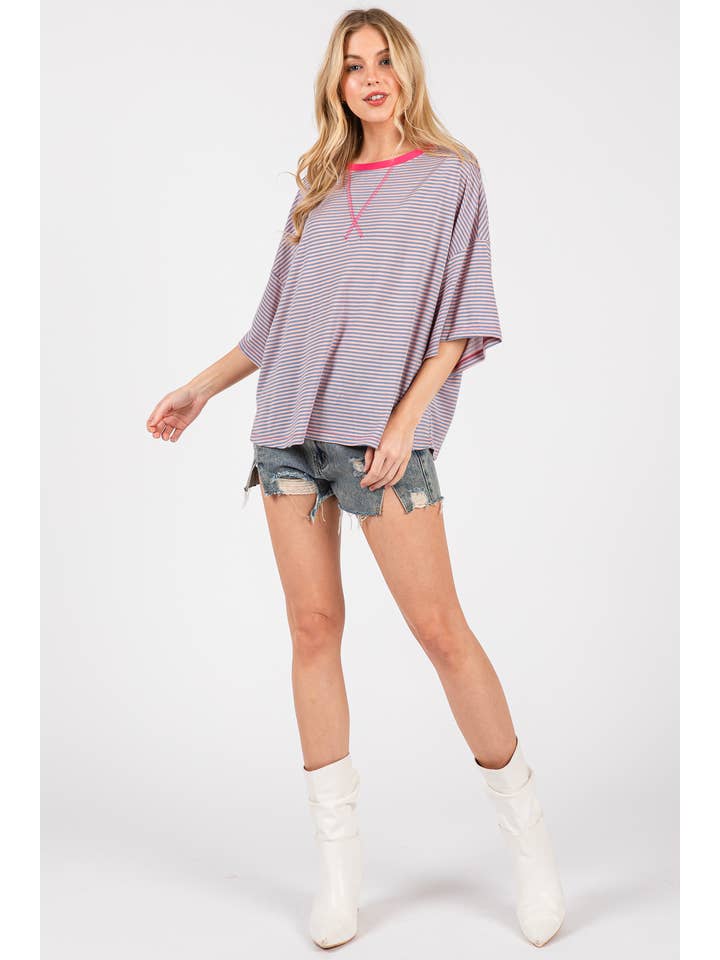 Ces Femme USA - Wholesale Knit Top - Women's - TS13916STA/Contrast Band Striped Shirts Casual Top